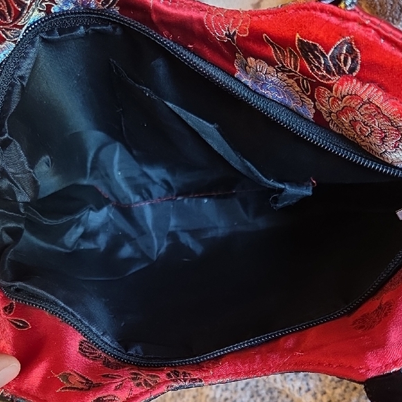 Embroidered Silk Red and Black Floral Tote Bag - Picture 5 of 5